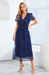 Sequin Leaf Embroidery Tie Front Short Sleeve Dress OutfitFlow